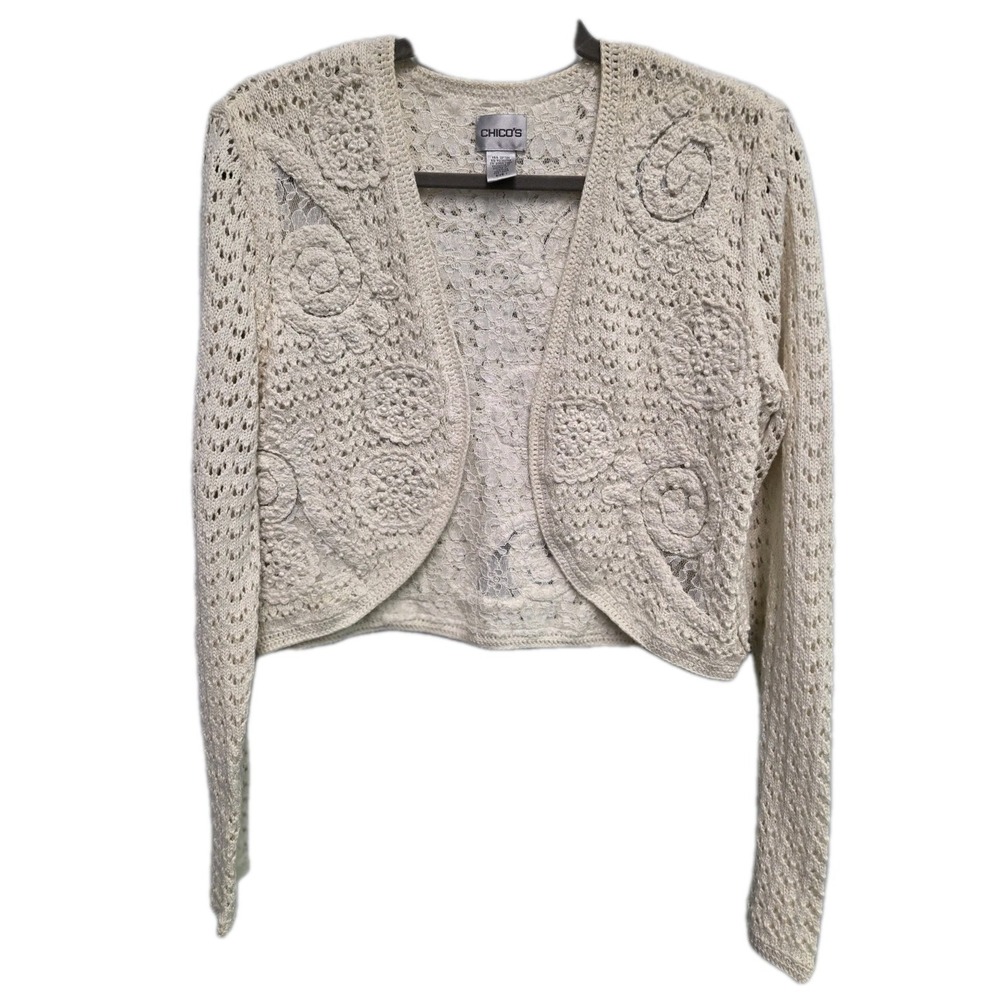 Chico's Boho Open Cardigan Womens Sz 1 (8-10) Beige Lace  Crochet Bolero Beads‎